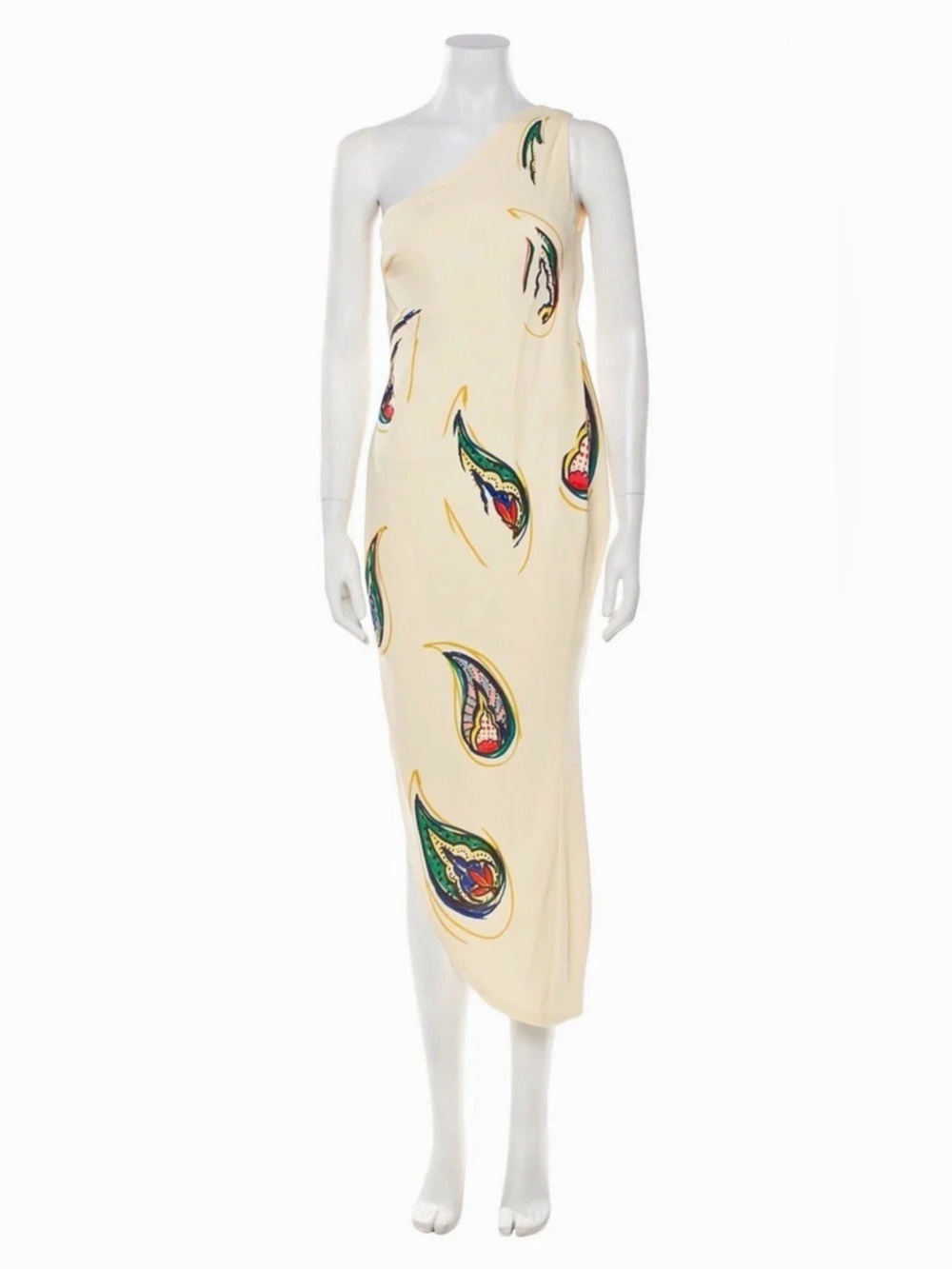 One-Shoulder Paisley Midi Dress in Cream Like New